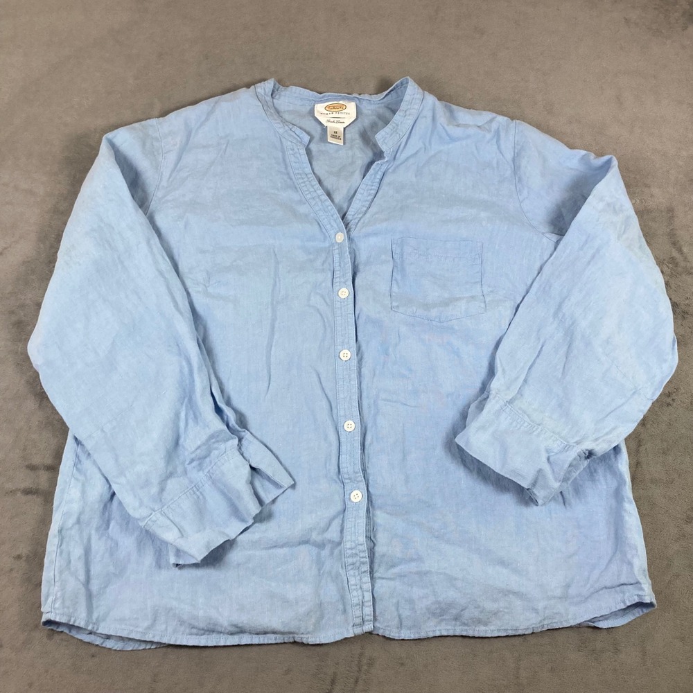 Talbots Woman Petites Irish Linen Blue Button Down Shirt 1X Mandarin Collar